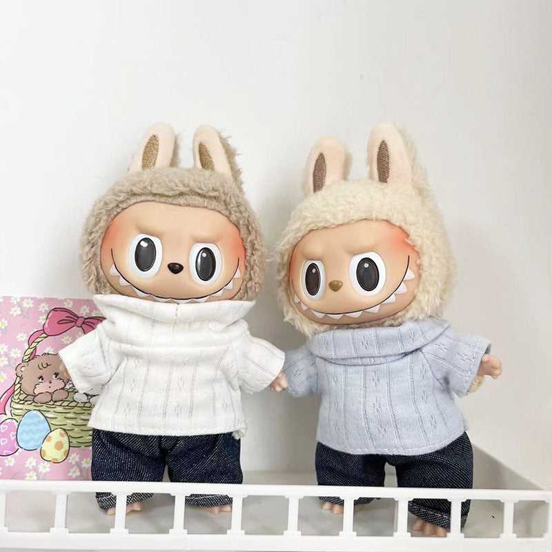 17Cm blind box rabub with simple turtleneck two-piece casual suit labubu pendant, cute clothes