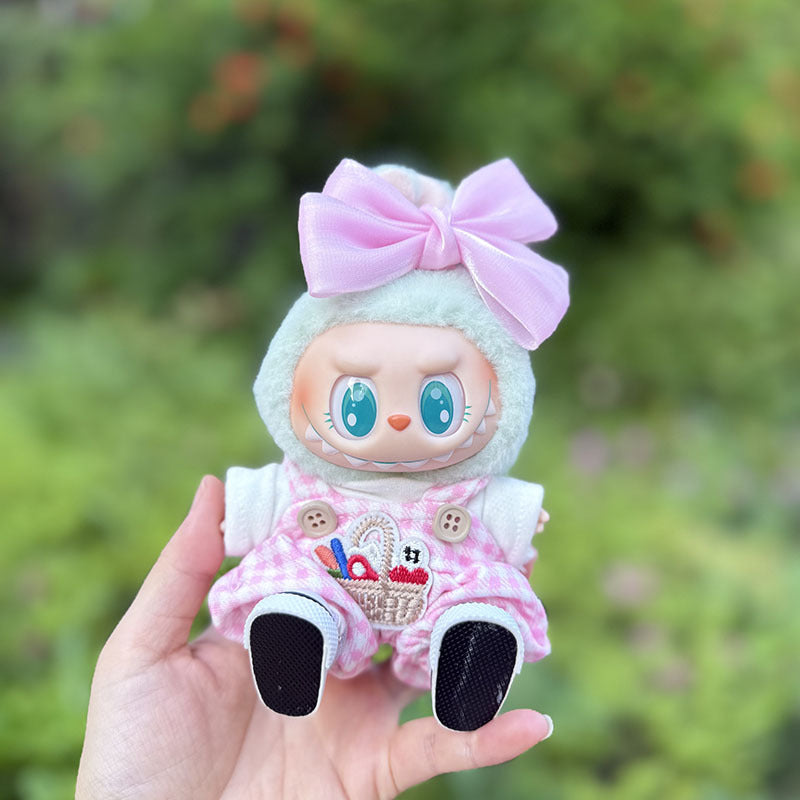The first, second and third generation keychain Labubu clothes pendant Labubu baby clothes small basket overalls set is cute.