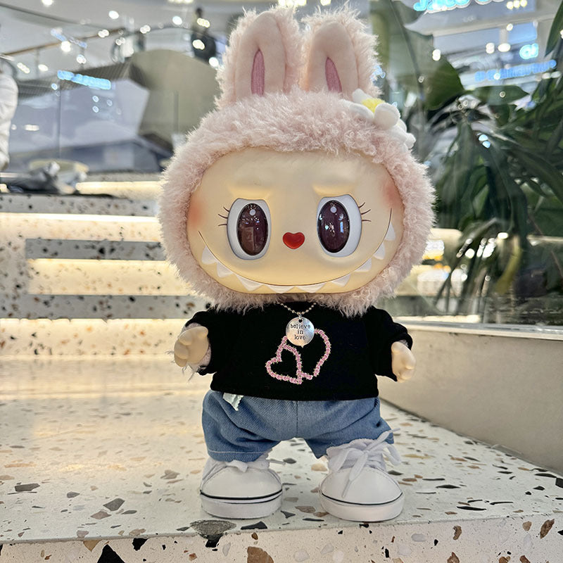 38Cm Labubu plush doll clothes for Labubu doll MOKOKO sweetheart heart print sweater set