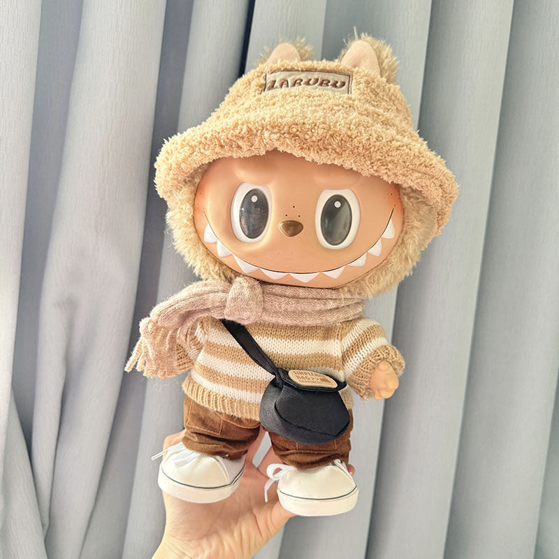 38Cm Labubu plush doll clothes for vinyl Labubu doll clothes coffee white striped sweater set