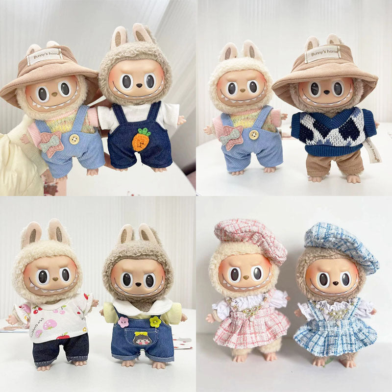 17Cm blind box rabub for small blue-gray rhombus grid sweater set labubu pendant clothes are cute and cute
