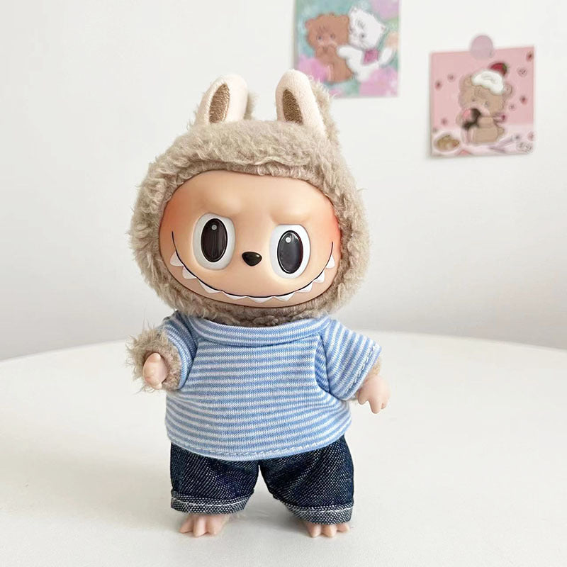 15Cm blind box rabub casual plaid overalls suit macaron labubu pendant doll plaid suit