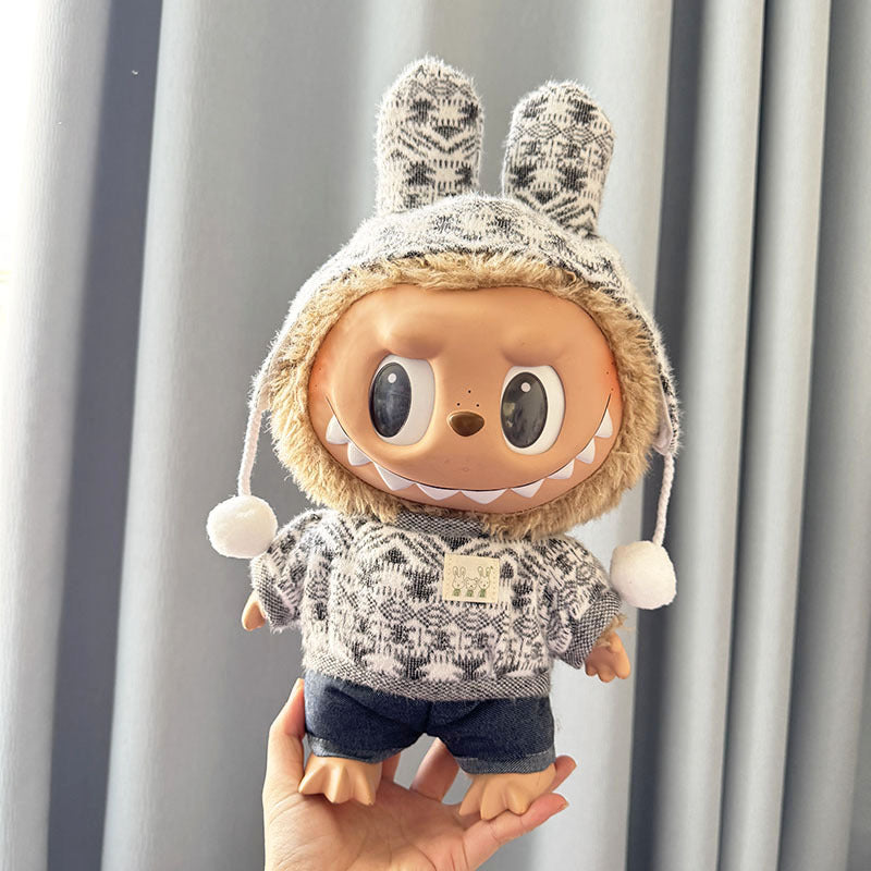 38Cm Labubu plush doll clothes for Labubu doll MOKOKO sweetheart rabbit ear jacquard shirt set