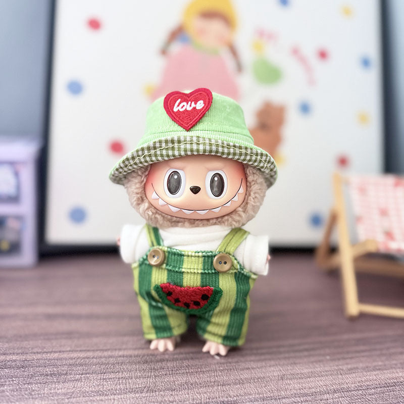 The first, second and third generation keychain Labubu clothes pendant Labubu baby clothes summer watermelon overalls set is cute