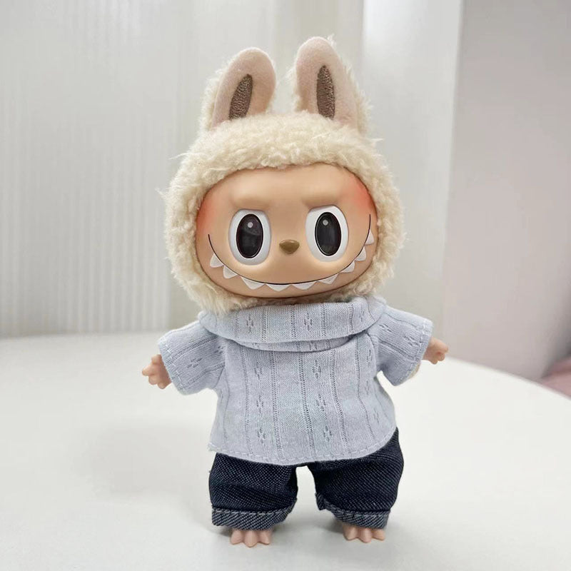 17Cm blind box rabub with simple turtleneck two-piece casual suit labubu pendant, cute clothes