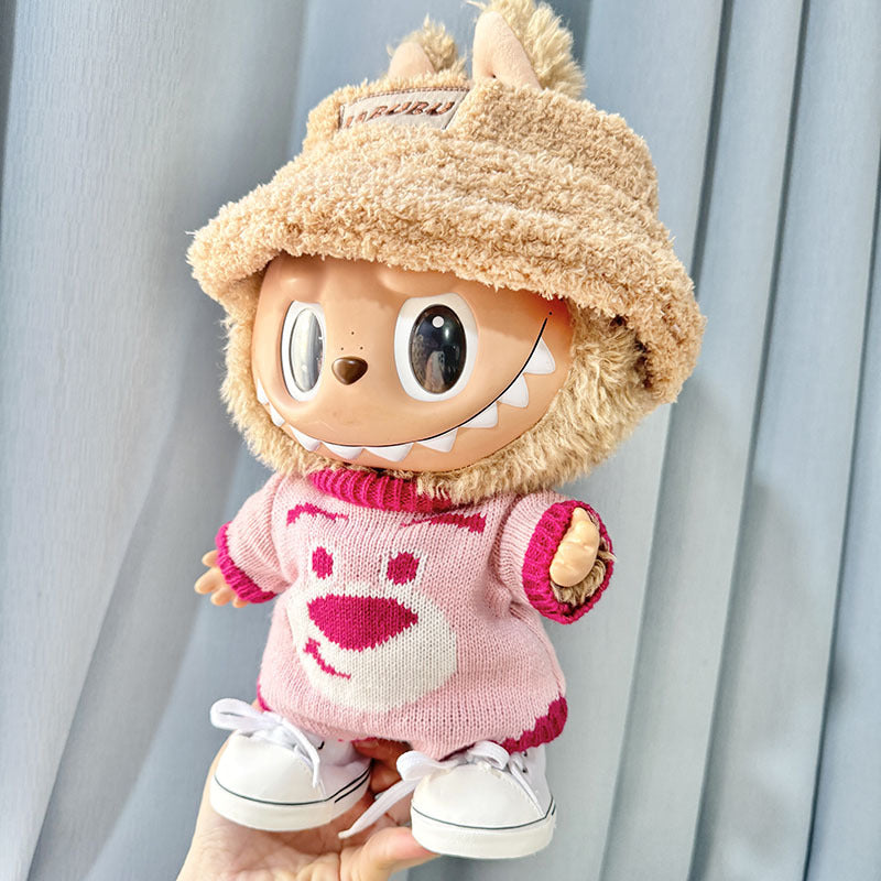 38Cm Labubu plush doll clothes wearing vinyl Labubu doll clothes climbing clothes smiley face strawberry bear cute