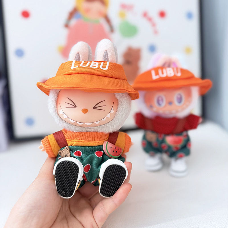 The first, second and third generation keychain Labubu clothes pendant Labubu baby clothes watermelon bear overalls set is cute.