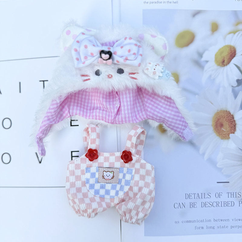 First and second generation keychain Labubu clothes pendant Labubu baby clothes cat hat + plaid overalls cute