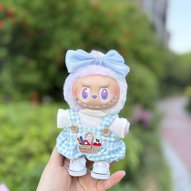 The first, second and third generation keychain Labubu clothes pendant Labubu baby clothes small basket overalls set is cute.