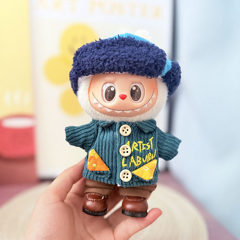 17Cm Labubuwa clothes LABUBU blind box sitting party first two three generations literary blue wind suit cute