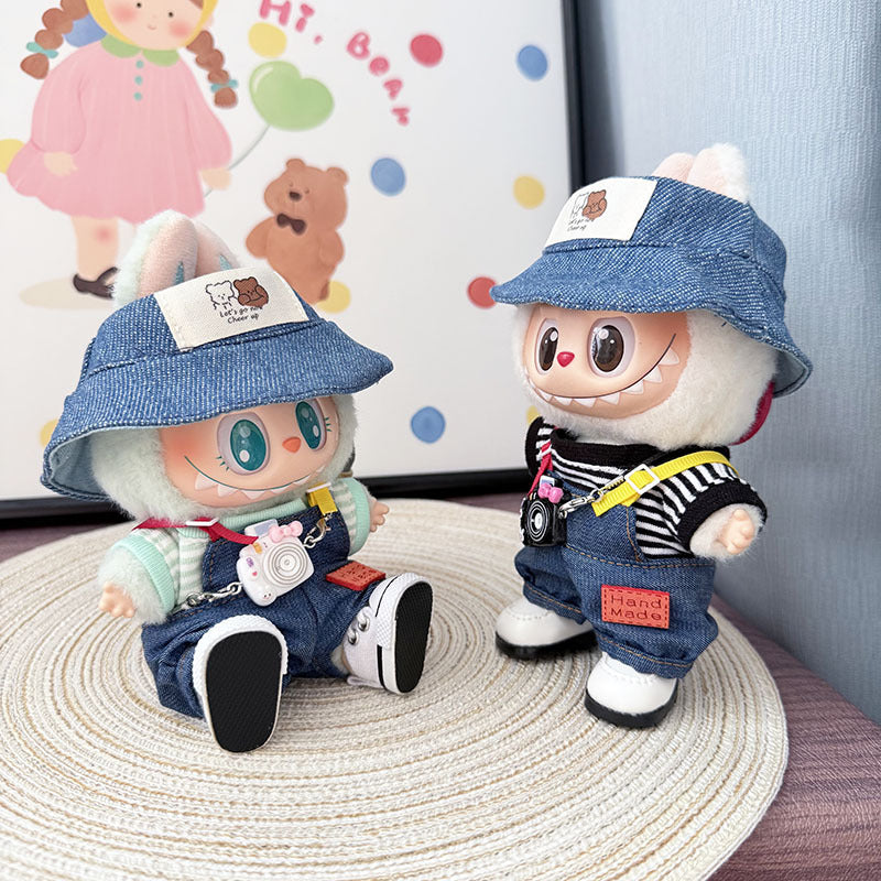 The first, second and third generation keychain Labubu clothes pendant Labubu baby clothes colored denim strap set is cute.