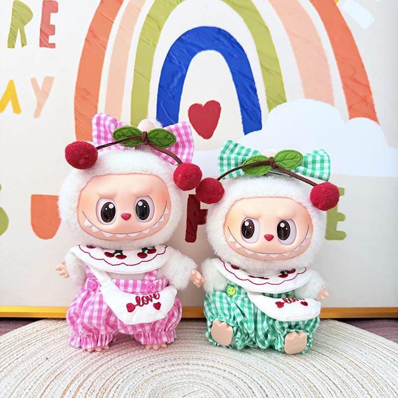 The first, second and third generation Labubu clothes pendant Labubu sitting baby clothes pink and green grid cherry strap satchel set