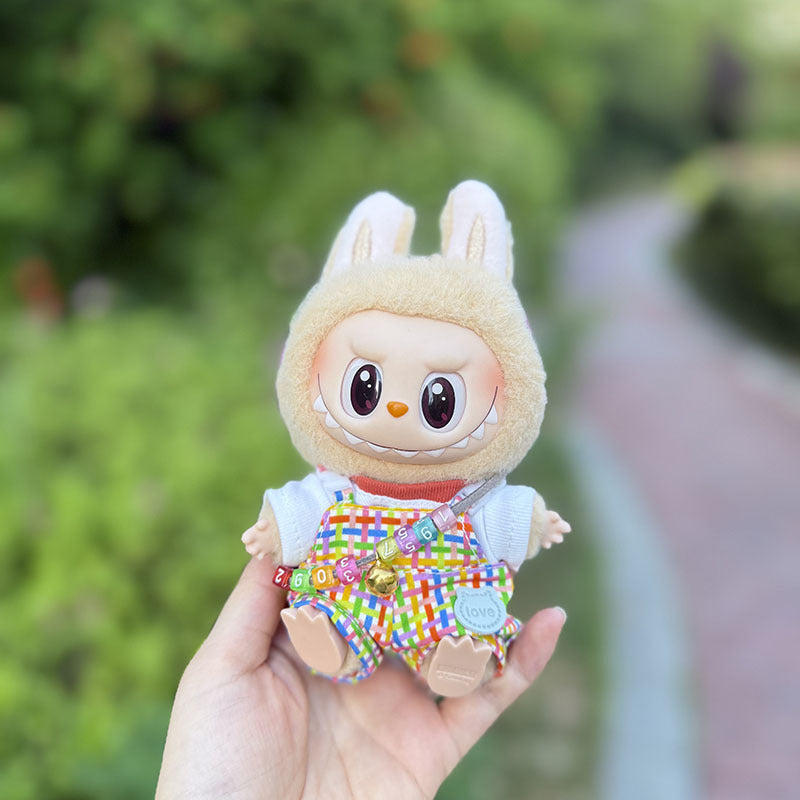 The first, second and third generation keychain Labubu clothes pendant Labubu baby clothes bubble gum color overalls set cute