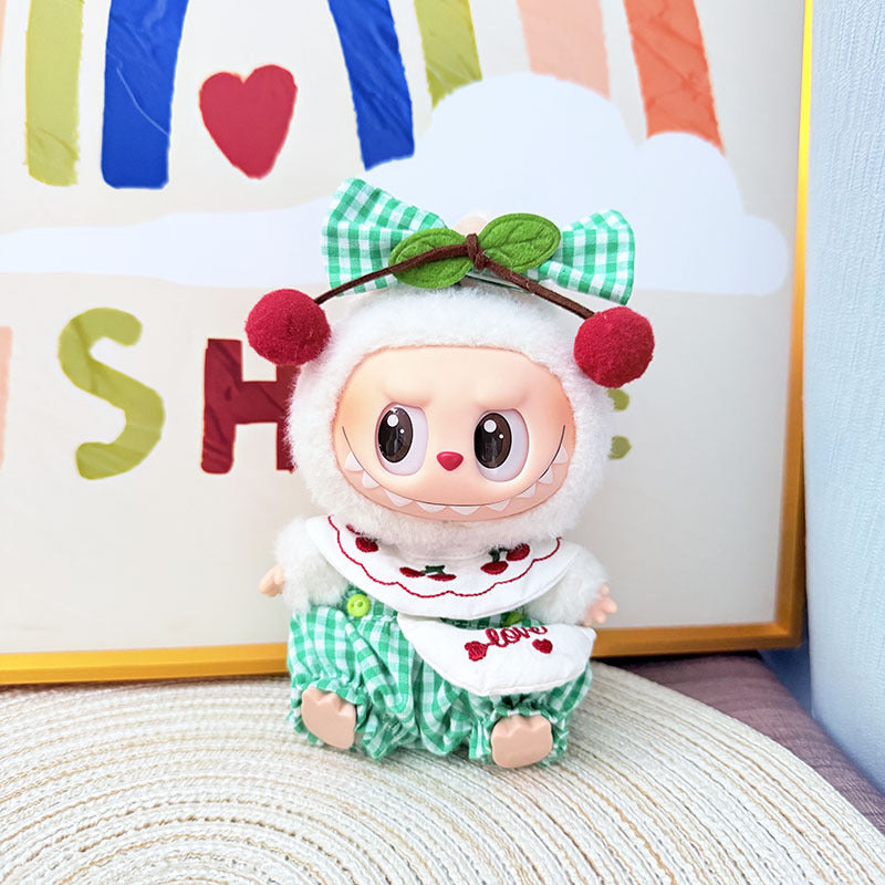 The first, second and third generation Labubu clothes pendant Labubu sitting baby clothes pink and green grid cherry strap satchel set