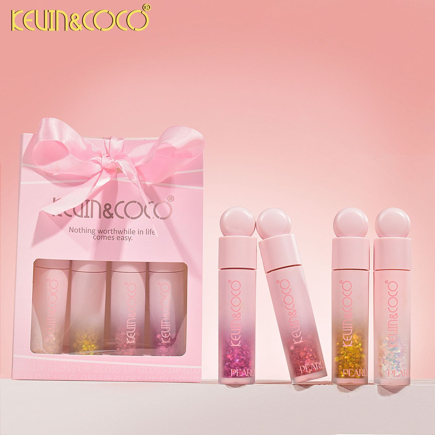 KEVIN & COCO 4-pack sequin gel lip gloss, super flash, large particle flash, giant flash student model
