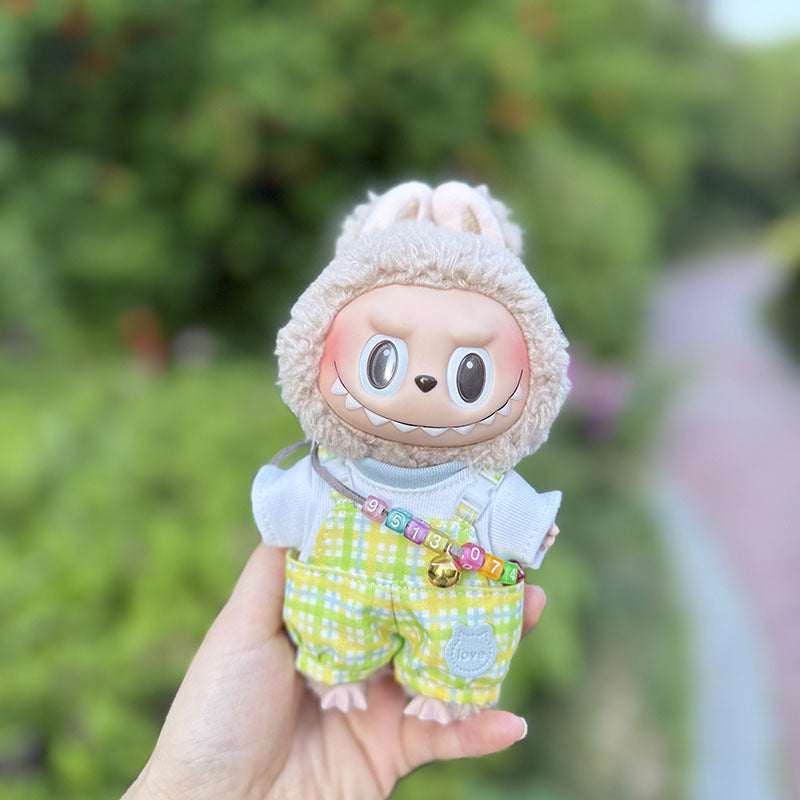 The first, second and third generation keychain Labubu clothes pendant Labubu baby clothes bubble gum color overalls set cute