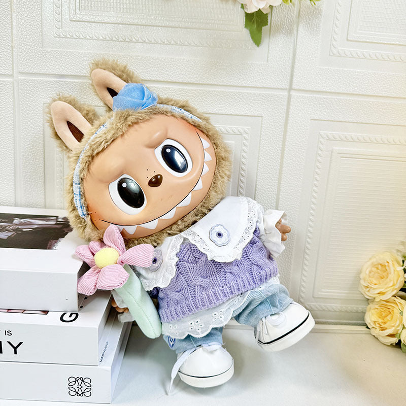 38Cm Labubu plush doll clothes for Labubu doll clothes spring purple sweater flower set