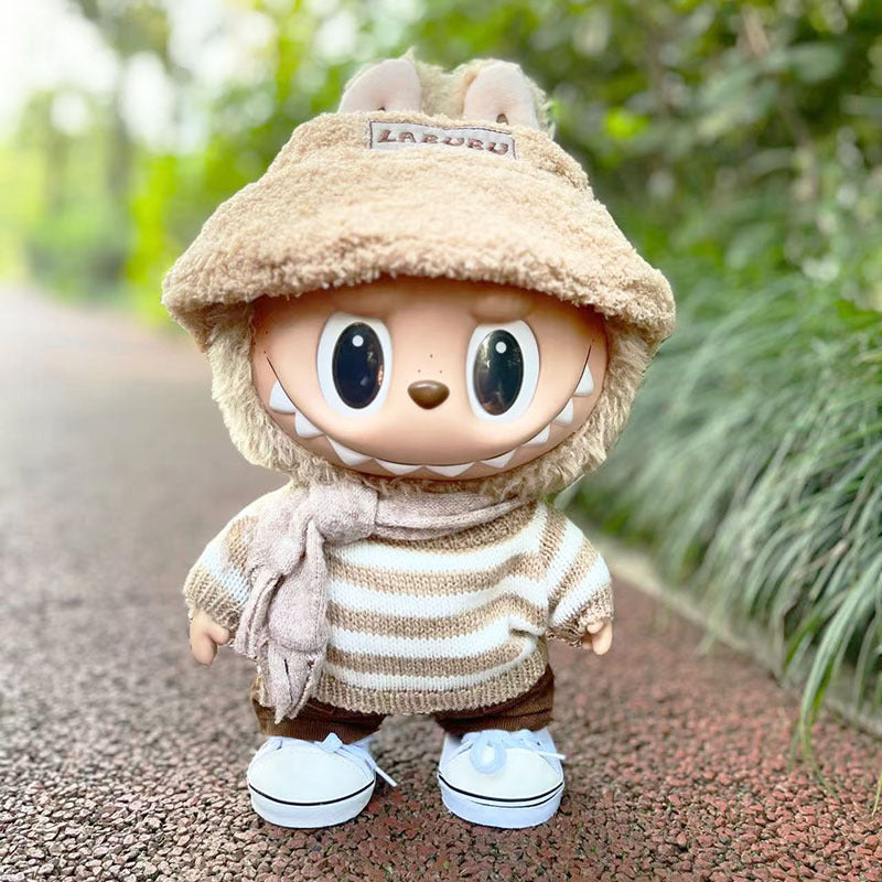 38Cm Labubu plush doll clothes for vinyl Labubu doll clothes coffee white striped sweater set