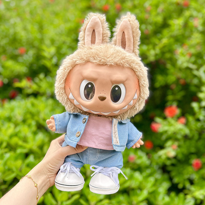 38Cm Labubu vinyl plush doll clothes for Labubu doll clothes double button denim shirt set cute