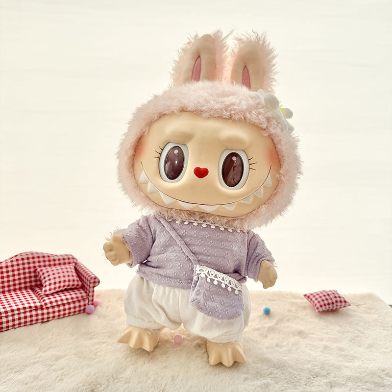 38Cm Labubu plush doll clothes for Labubu sweetheart doll baby clothes four-petal flower knitted three-piece set