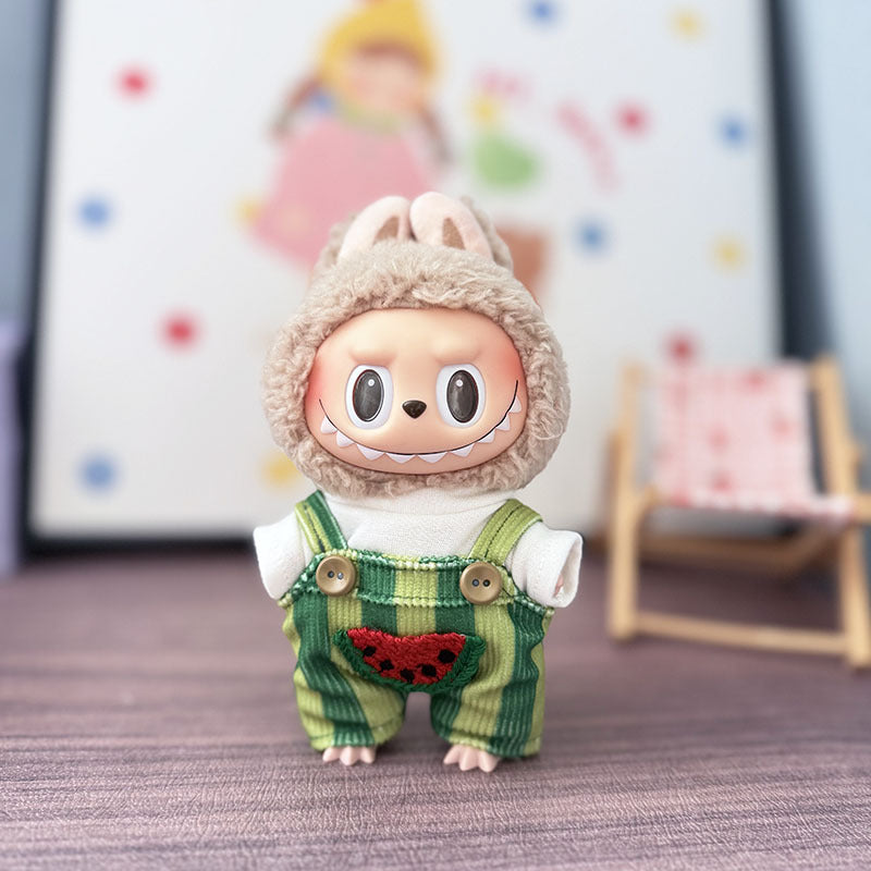 The first, second and third generation keychain Labubu clothes pendant Labubu baby clothes summer watermelon overalls set is cute