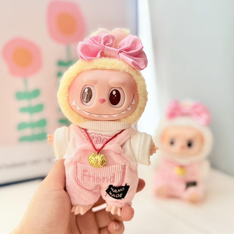 The first, second and third generation keychain Labubu clothes pendant Labubu baby clothes bubble gum color overalls set cute