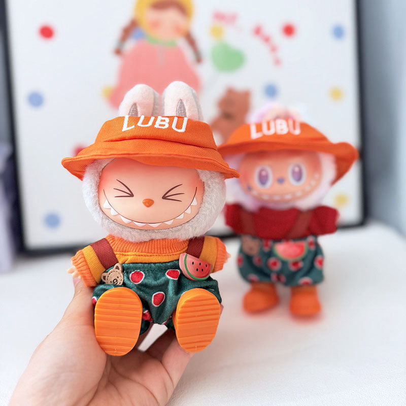 The first, second and third generation keychain Labubu clothes pendant Labubu baby clothes watermelon bear overalls set is cute.