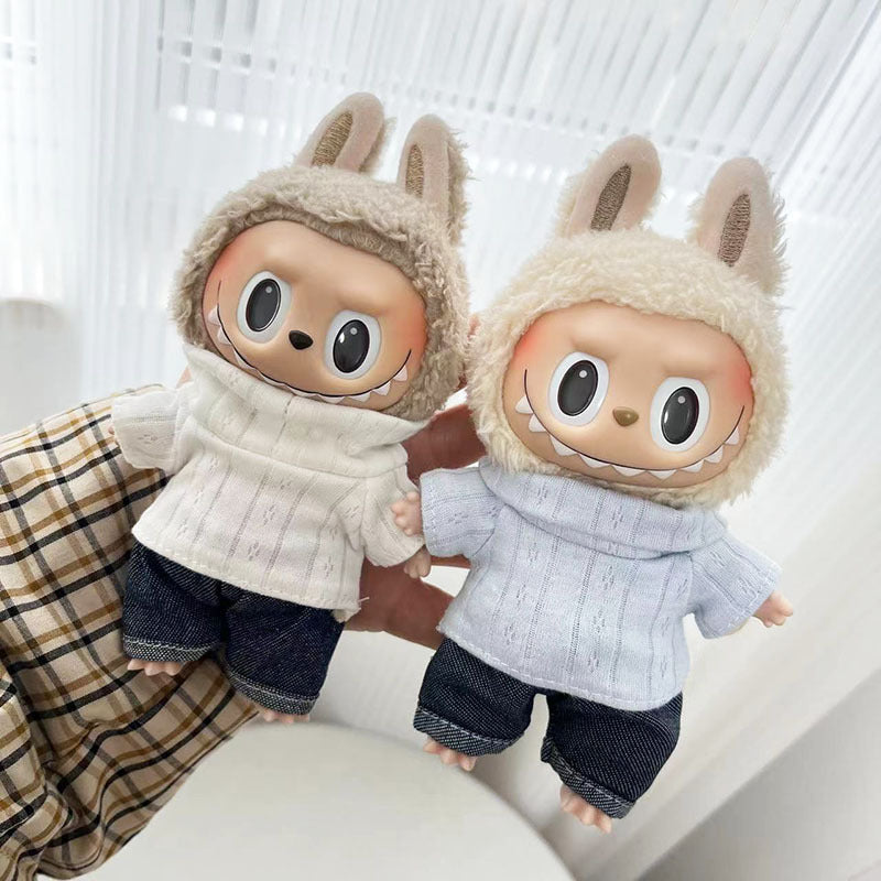 17Cm blind box rabub with simple turtleneck two-piece casual suit labubu pendant, cute clothes