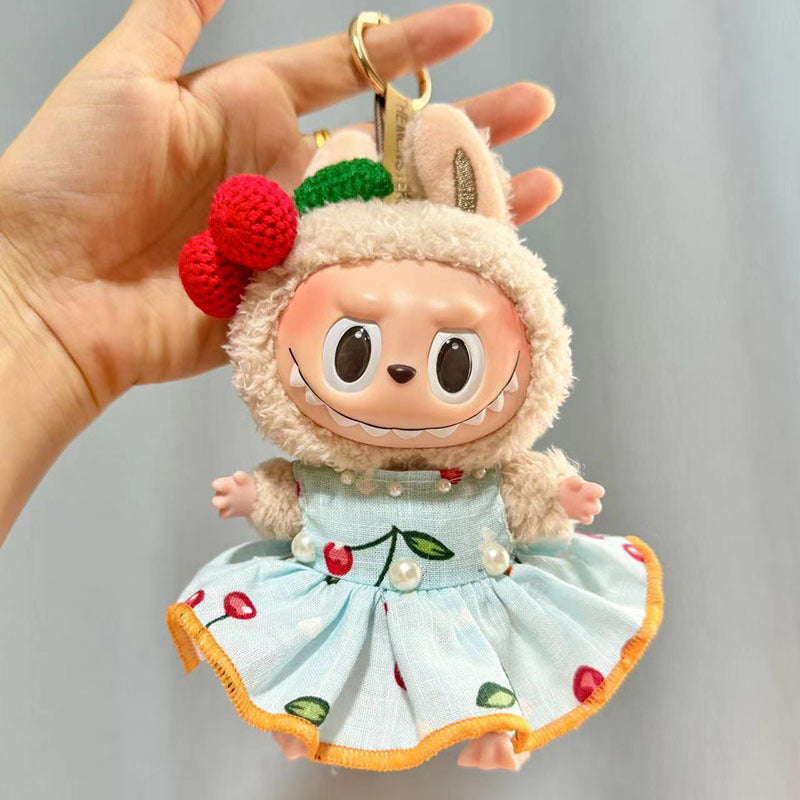 17Cm rabub wearing pendant labubu keychain baby clothes 10cm cotton doll clothes line ball cherry skirt