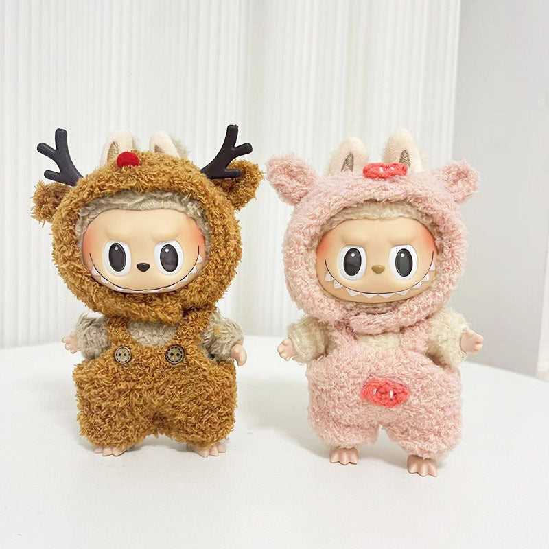 17Cm blind box rabub with cloud velvet little elk overalls set labubu pendant piggy christmas outfit