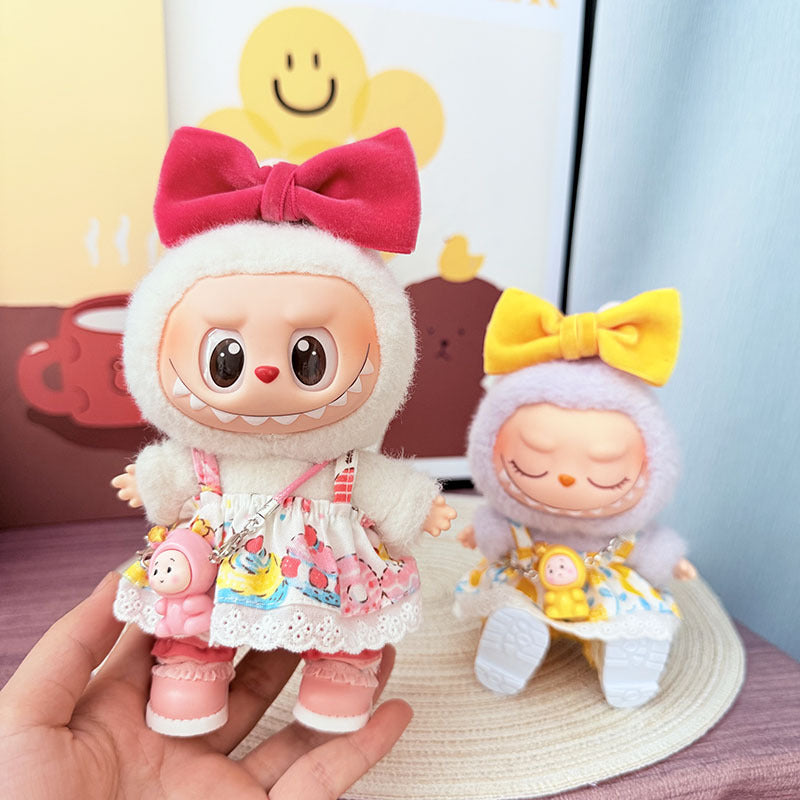 First, second and third generation Labubu clothes pendant Labubu sitting party baby clothes summer suspender skirt pink childhood clothes