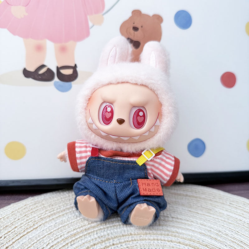 The first, second and third generation keychain Labubu clothes pendant Labubu baby clothes colored denim strap set is cute.