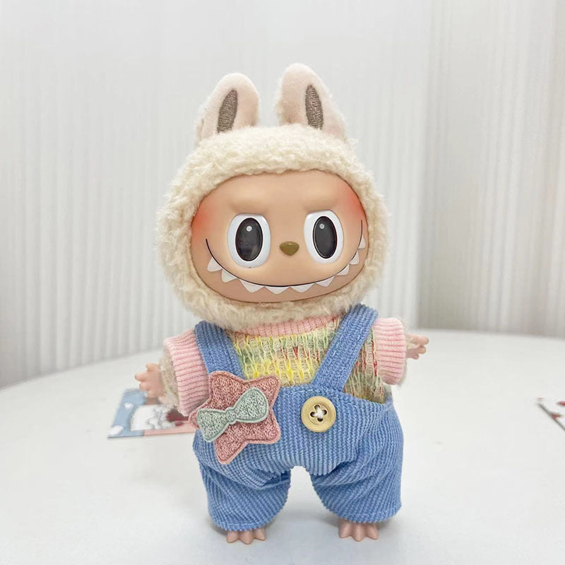 17Cm blind box rabub for small blue-gray rhombus grid sweater set labubu pendant clothes are cute and cute