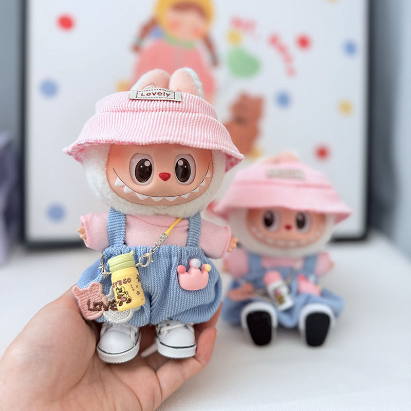 First and second generation keychain Labubu clothes pendant Labubu baby clothes pink and blue bear music overalls set cute