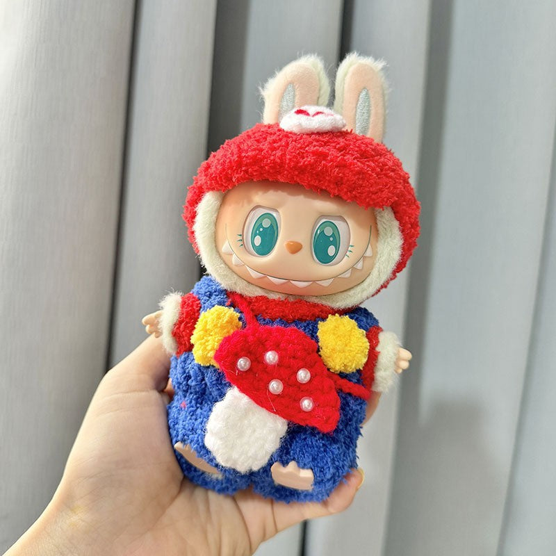 17Cm blind box rabub with pure handmade baby elephant purple rabbit overalls set labubu pendant baby clothes cute