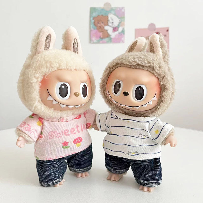 15Cm blind box rabub casual plaid overalls suit macaron labubu pendant doll plaid suit