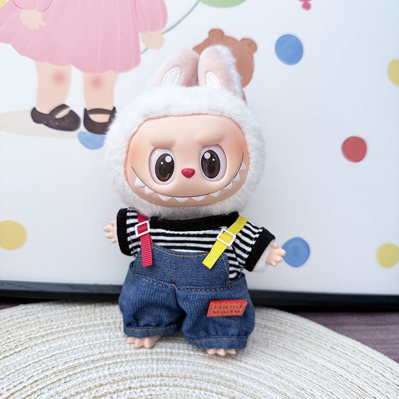 The first, second and third generation keychain Labubu clothes pendant Labubu baby clothes colored denim strap set is cute.