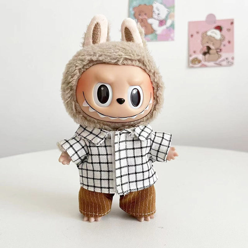 15Cm blind box rabub casual plaid overalls suit macaron labubu pendant doll plaid suit
