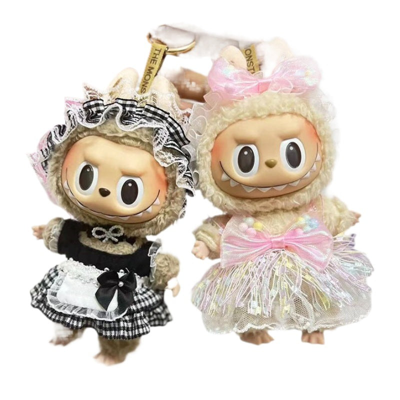 17Cm blind box rabub with white bear strap set circle smiley face shirt labubu pendant, cute clothes.