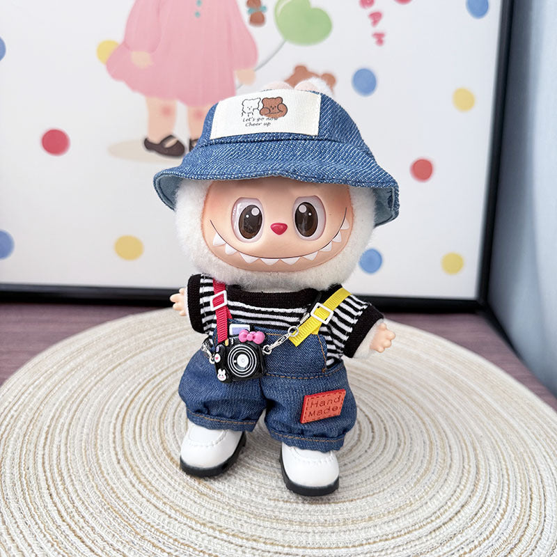 The first, second and third generation keychain Labubu clothes pendant Labubu baby clothes colored denim strap set is cute.