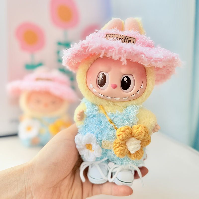 First and second generation keychain Labubu clothes pendant Labubu baby clothes pink and blue bear music overalls set cute