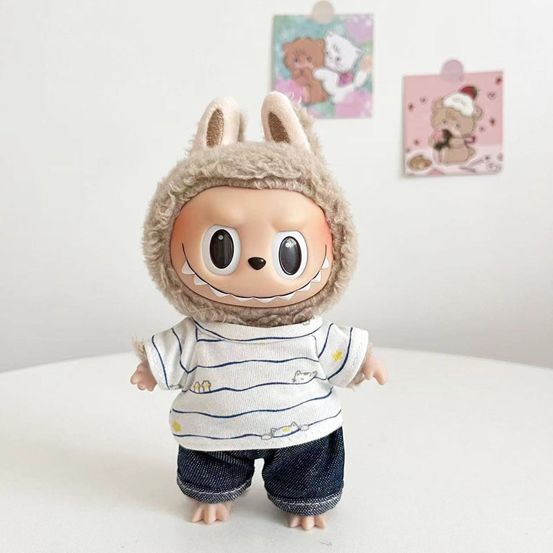 15Cm blind box rabub casual plaid overalls suit macaron labubu pendant doll plaid suit