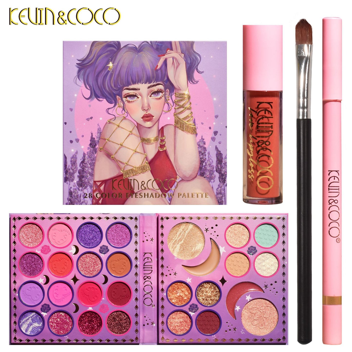 KEVIN & COCO 28 Color Eyeshadow Bead Matte Eyeshadow Lip Glaze Eyebrow Pencil Set