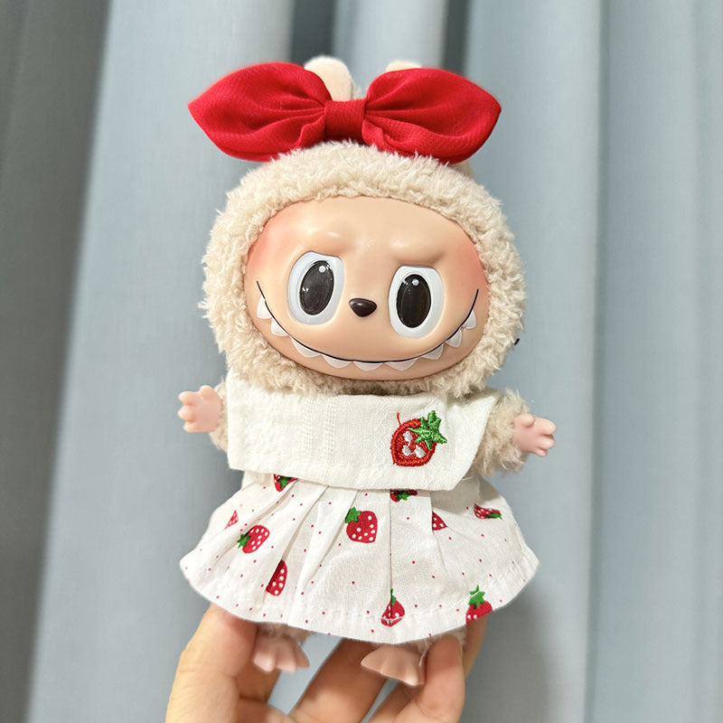 17Cm rabub wearing pendant labubu keychain baby clothes 10cm cotton doll clothes small strawberry skirt set