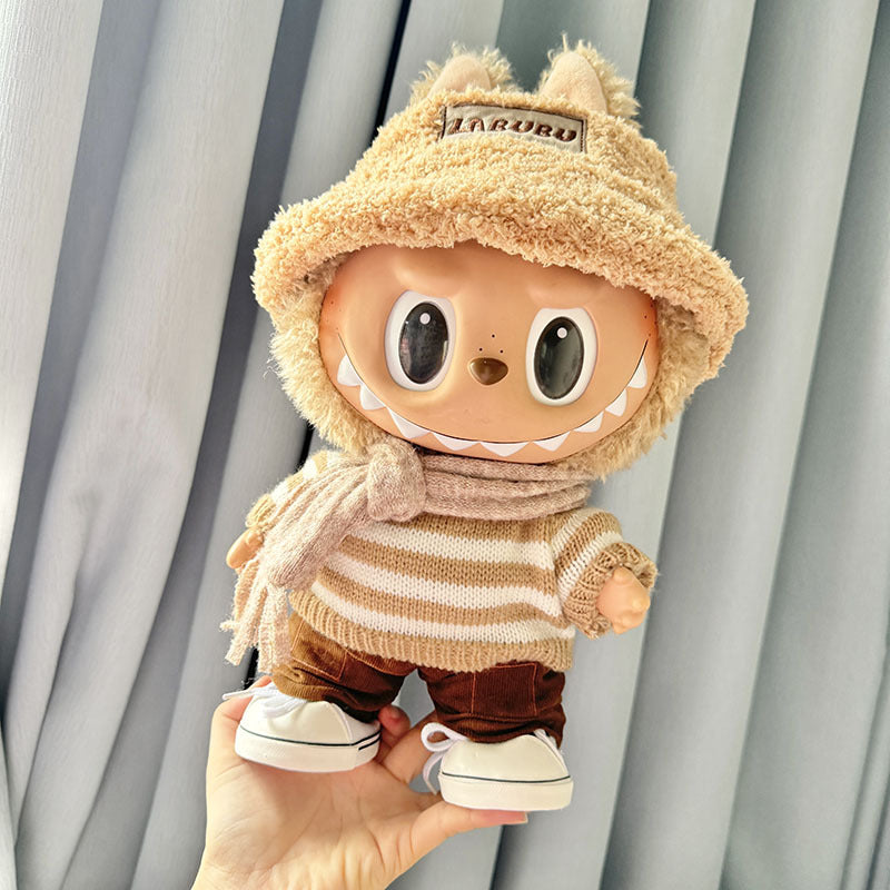38Cm Labubu plush doll clothes for vinyl Labubu doll clothes coffee white striped sweater set