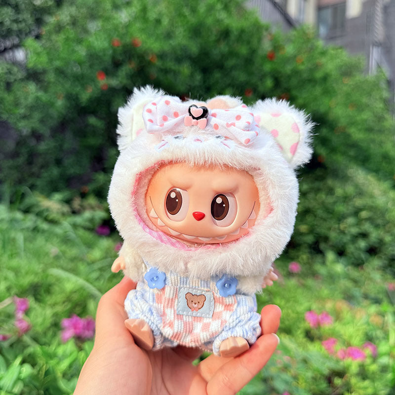 First and second generation keychain Labubu clothes pendant Labubu baby clothes cat hat + plaid overalls cute