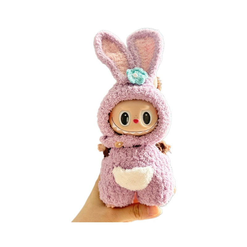 17Cm blind box rabub with pure handmade baby elephant purple rabbit overalls set labubu pendant baby clothes cute