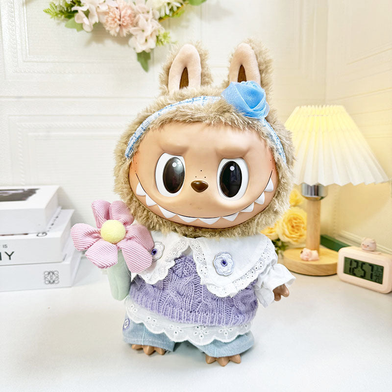 38Cm Labubu plush doll clothes for Labubu doll clothes spring yellow gauze skirt + flower set