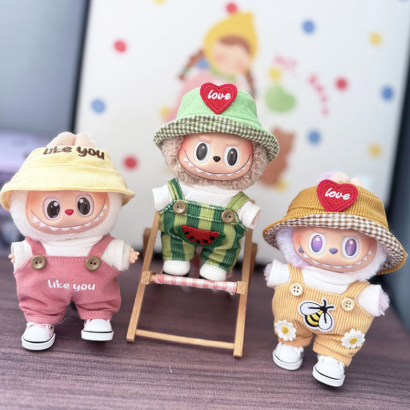 The first, second and third generation keychain Labubu clothes pendant Labubu baby clothes summer watermelon overalls set is cute