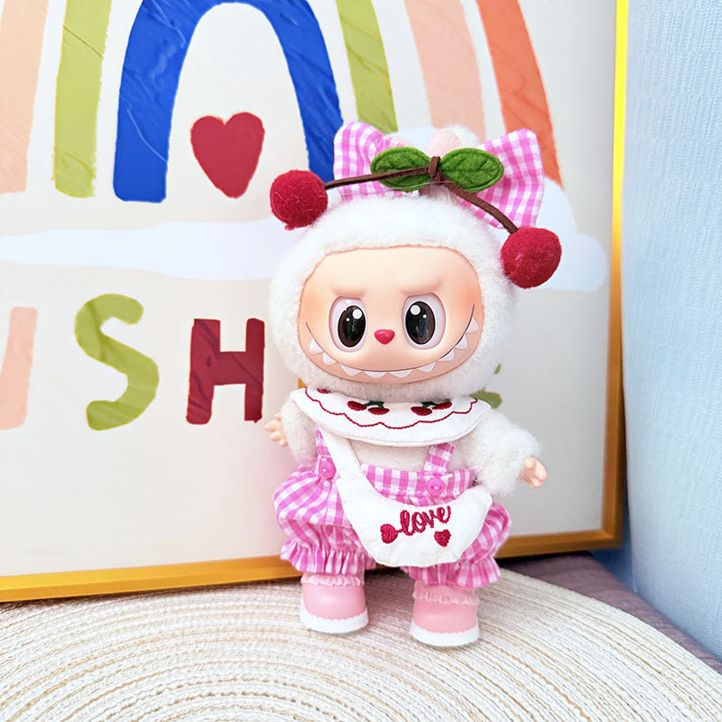 The first, second and third generation Labubu clothes pendant Labubu sitting baby clothes pink and green grid cherry strap satchel set